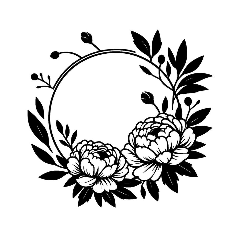 Elegant black and white circular floral wreath featuring peonies, leaves, buds, and a central empty space for text. vector