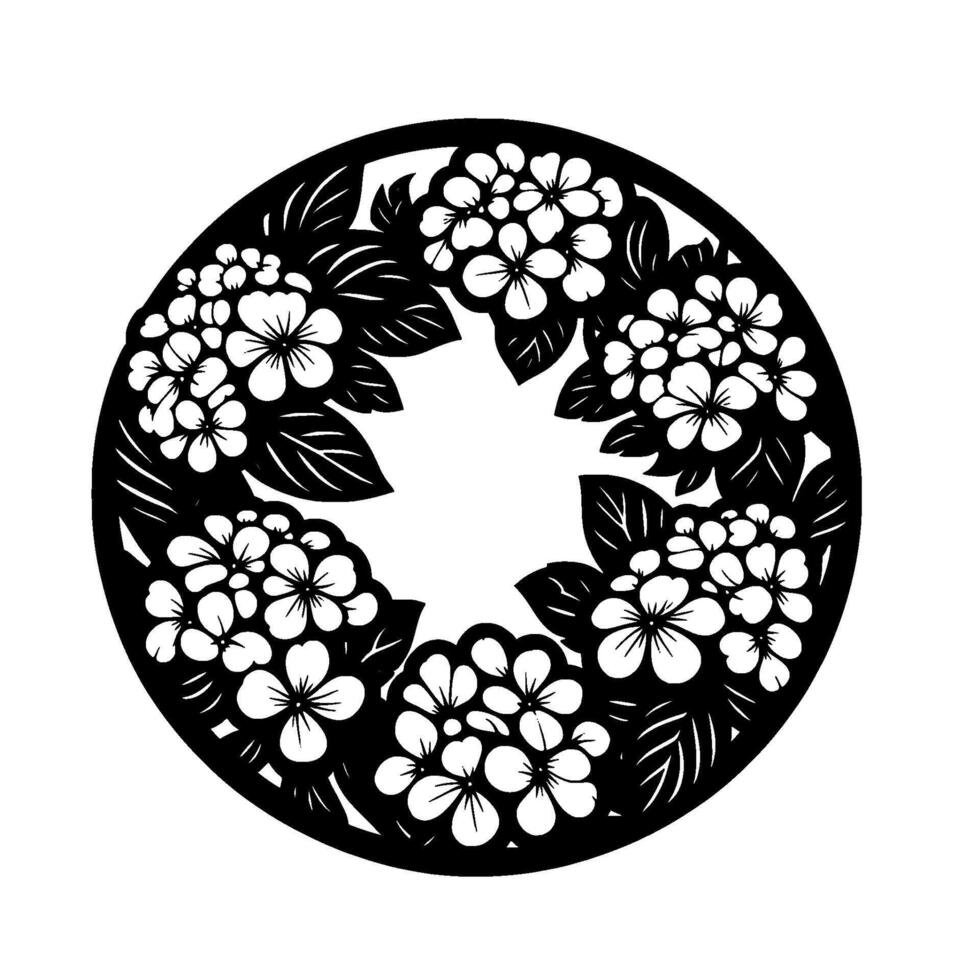 Black and white papercut floral wreath illustration with hydrangeas and leaves in a circular pattern, perfect for or decor. vector