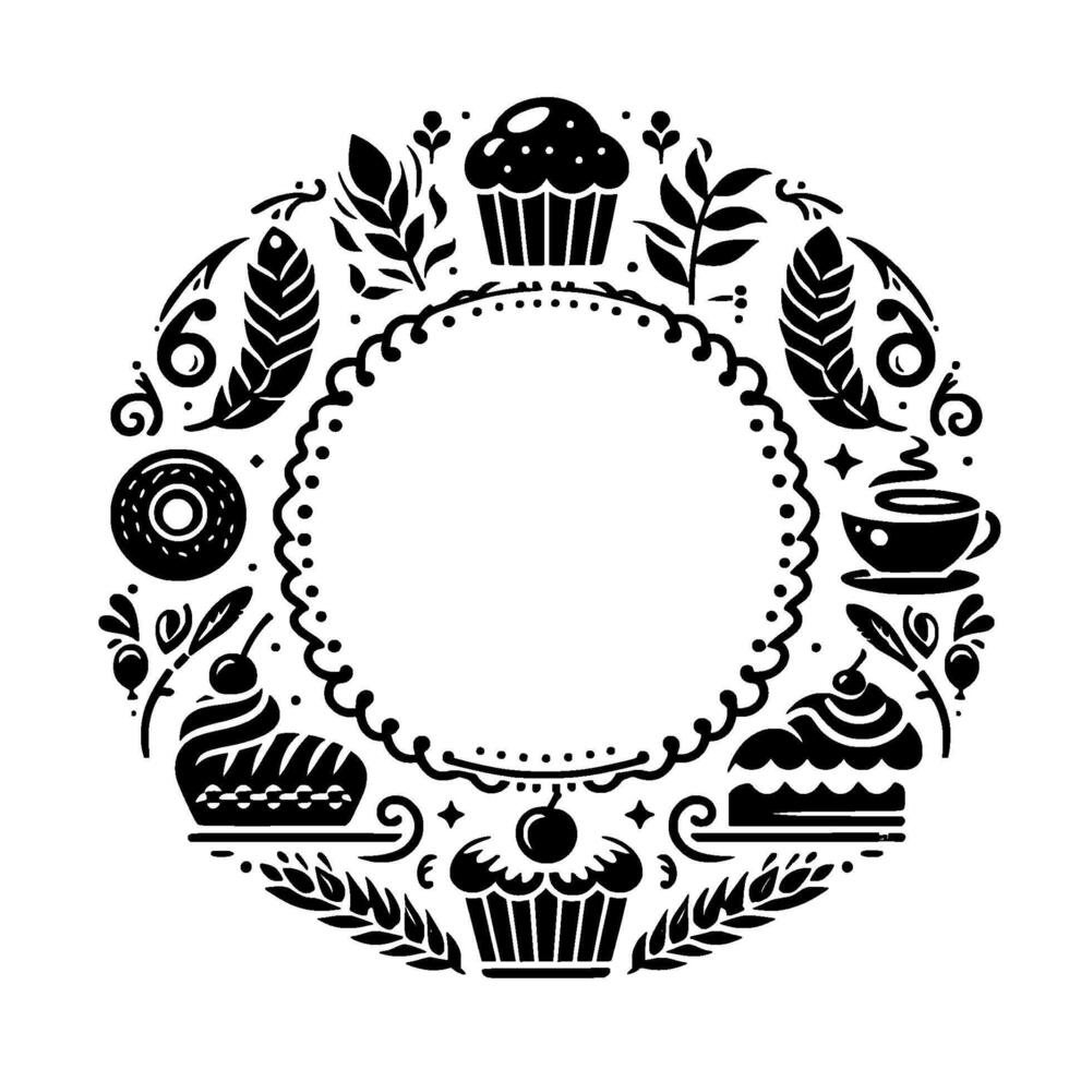 Black and white circular with pastries and foliage, featuring a central empty space for text or imagery, perfect for bakery branding. vector
