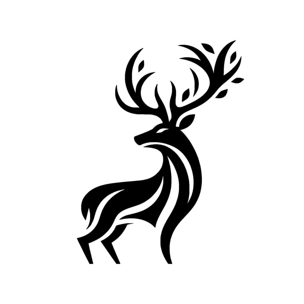 Silhouette of a majestic deer, stylized with flowing lines, detailed antlers with leaf accents, set against a stark white background. vector