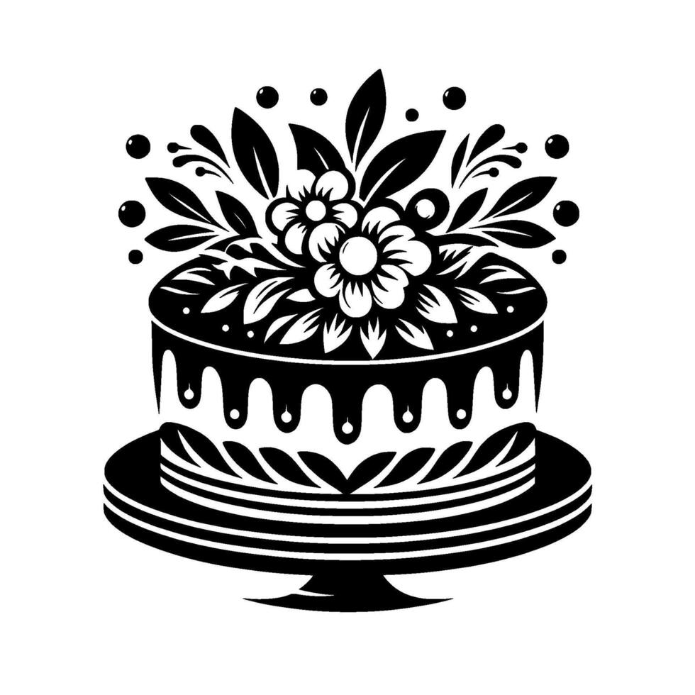 Elegant black and white floral cake illustration layered cake on a stand with flower and leaf arrangement, drip icing, and decorative details. vector