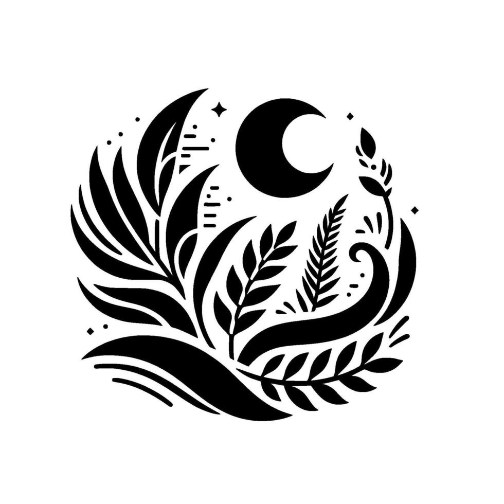 Monochromatic round composition with stylized botanical elements, crescent moon, stars, and dots against a stark white backdrop. vector