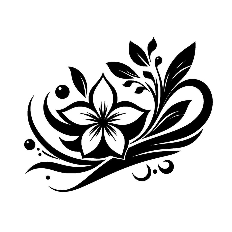 Elegant black and white floral illustration with a central flower, leafy accents, and decorative swirls on a clean white background. vector