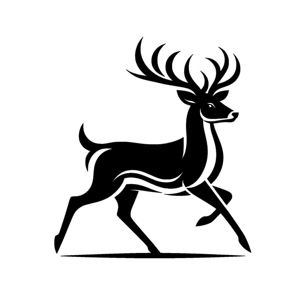 Striking black and white silhouette of a graceful stag in midstride, displaying magnificent antlers on a clean white background. vector