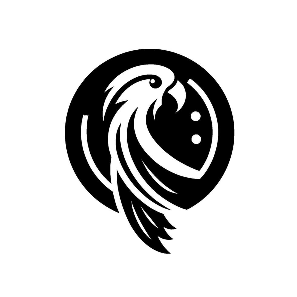 Bold, black white illustration of a stylized bird silhouette inside a circular frame, a symbol of elegance. vector