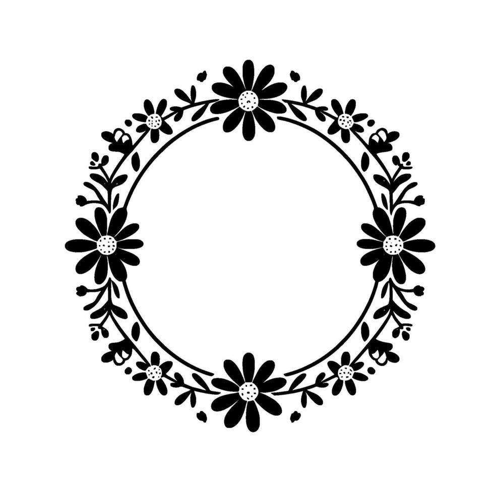 Black and white floral wreath, a symmetrical circular with daisies, leaves, and accents, on a white background. vector