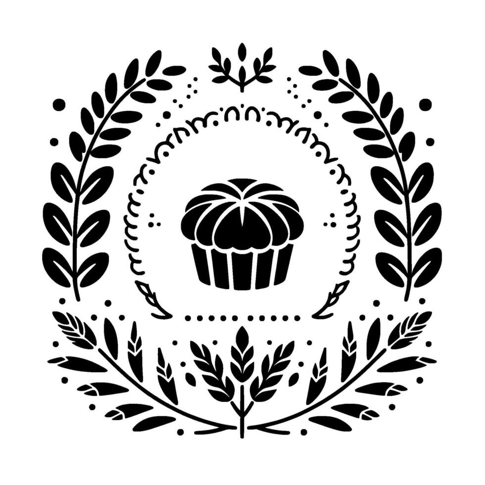 Black and white symmetrical minimalist illustration cupcake within a floral wreath, folk art style, decorative pattern. vector