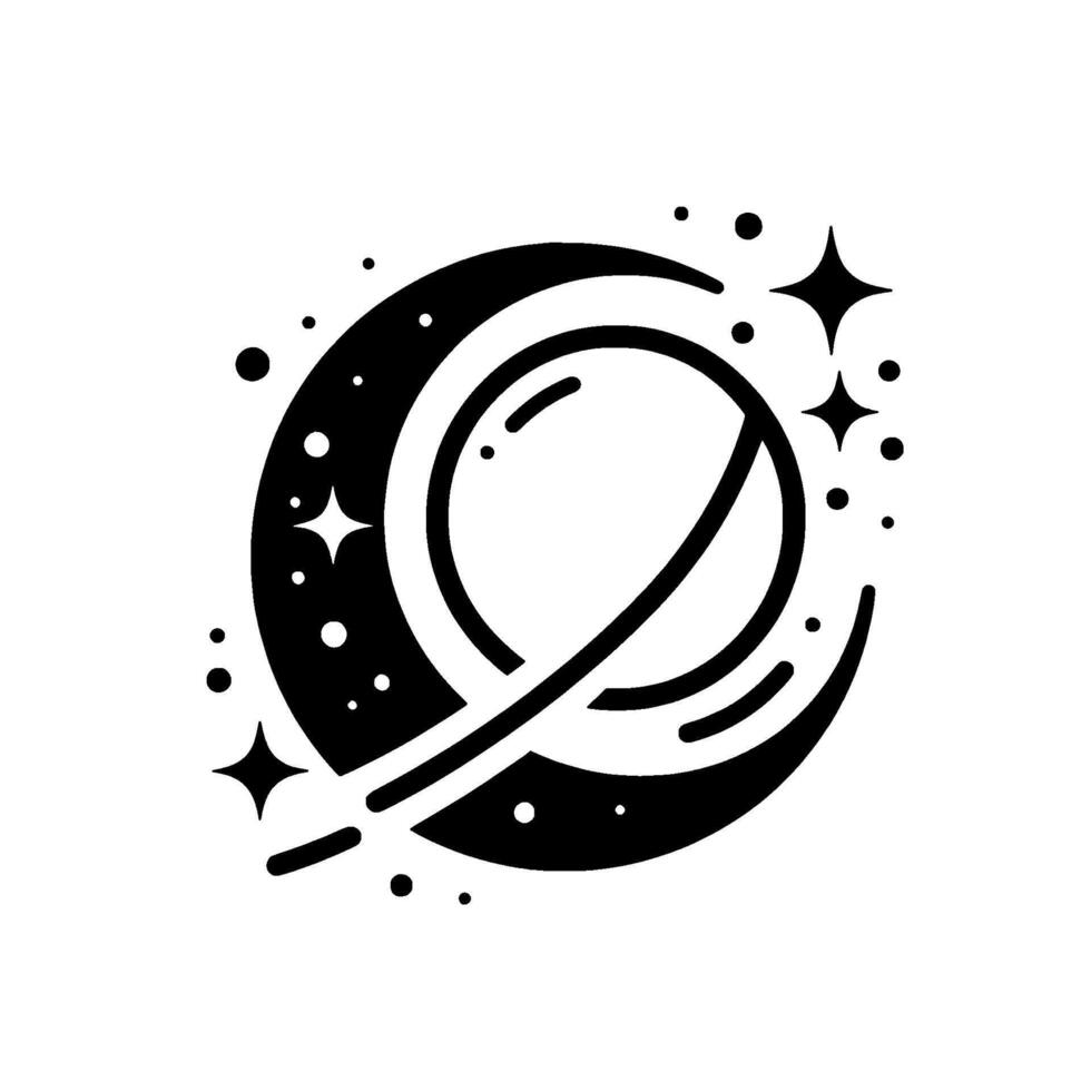 Cosmic lunar orbit abstract celestial with crescent, planet, stars, and trail in bold black and white. vector