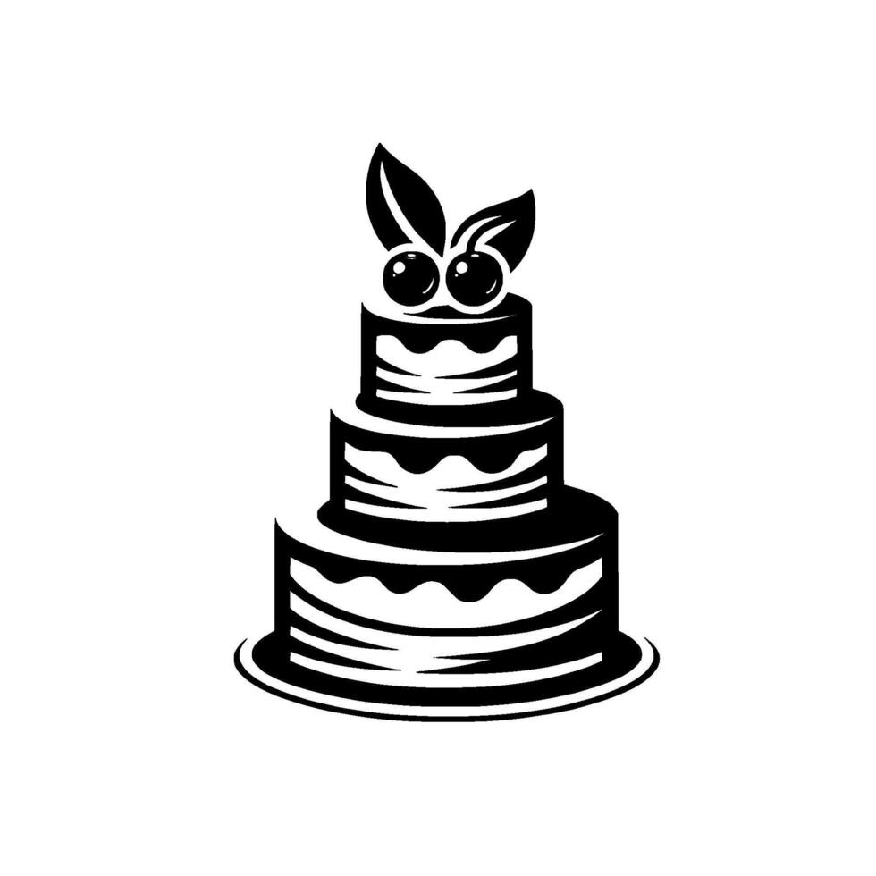 Elegant black and white illustration of a threetiered cake, adorned with cherries and leaves, perfect for bakery logos or celebratory themes. vector