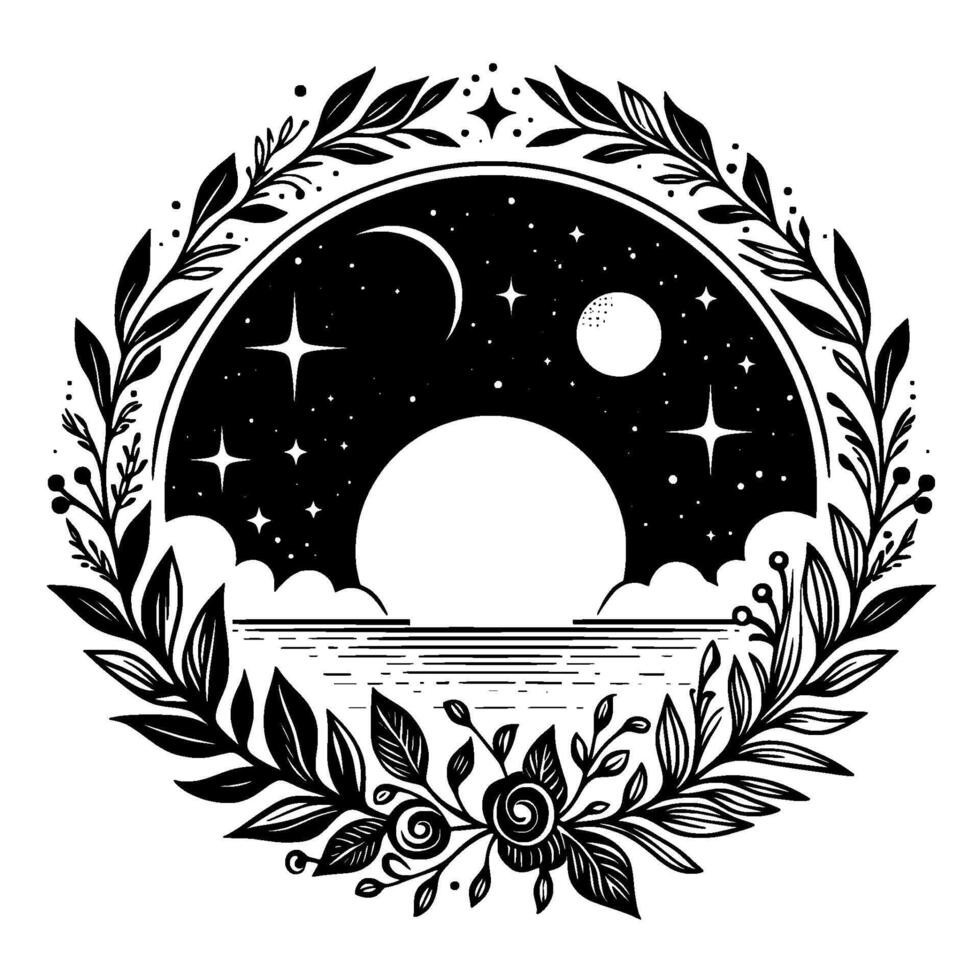 Mystical black and white illustration crescent moon, stars, sun, floral wreath, and a tranquil lake, dreamy celestial scene. vector