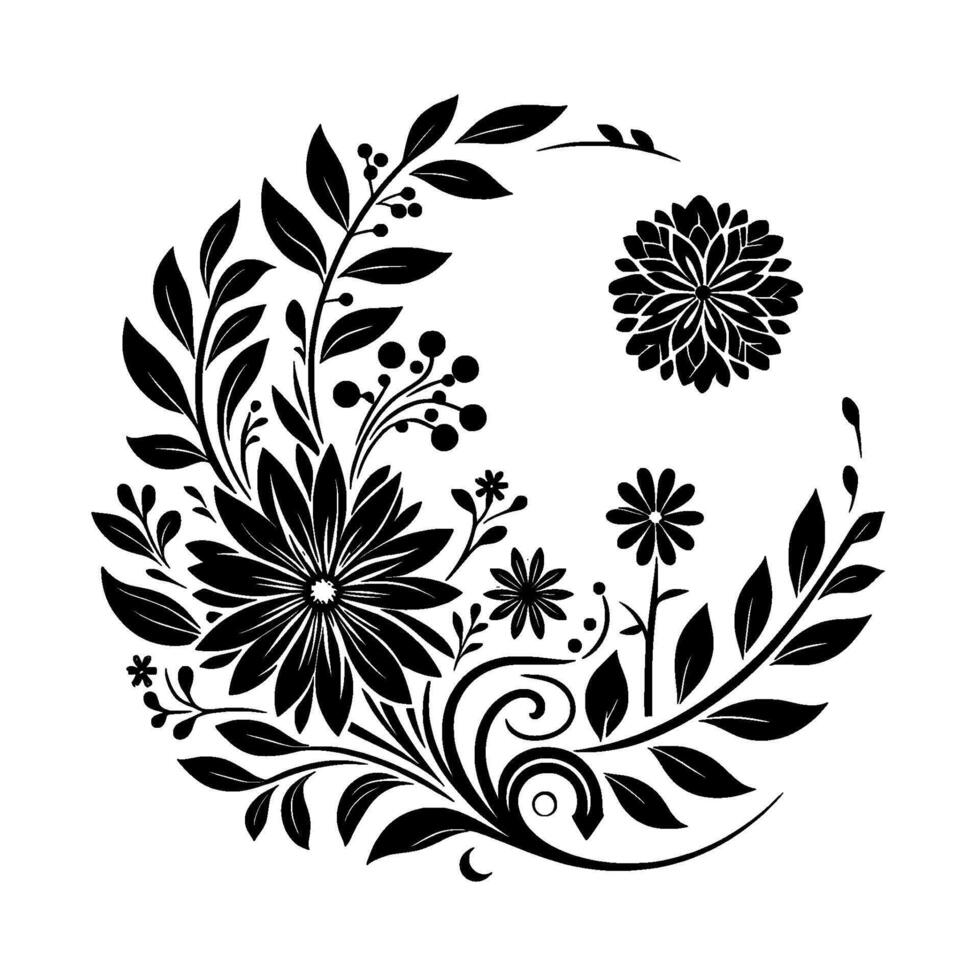 Floral yinyang black and white circular with flowers, leaves, berries, and detailed swirls on white. vector