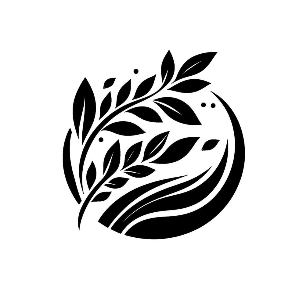 Elegant black and white botanical featuring stylized leaves, branches, and organic shapes enclosed within a circular frame, embodying nature. vector