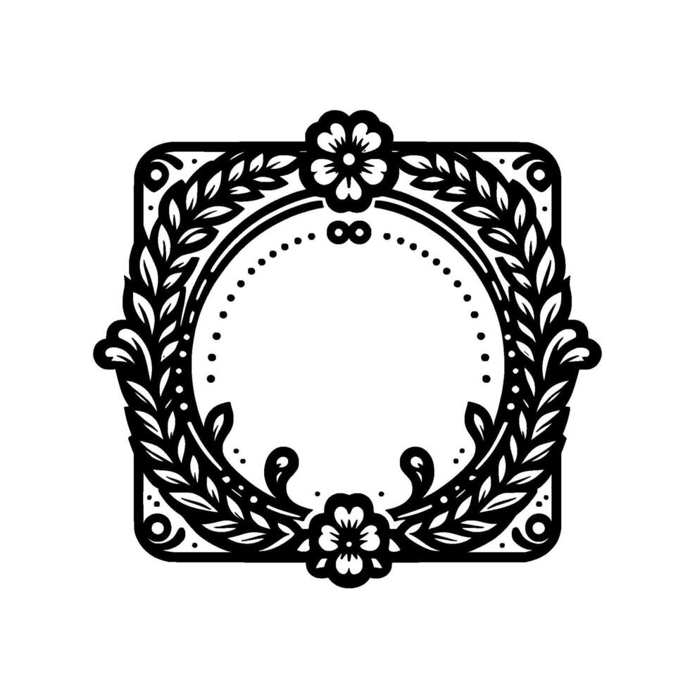 Elegant black and white floral frame with square shape, circular center, delicate leafy accents, and ornate details on white background. vector