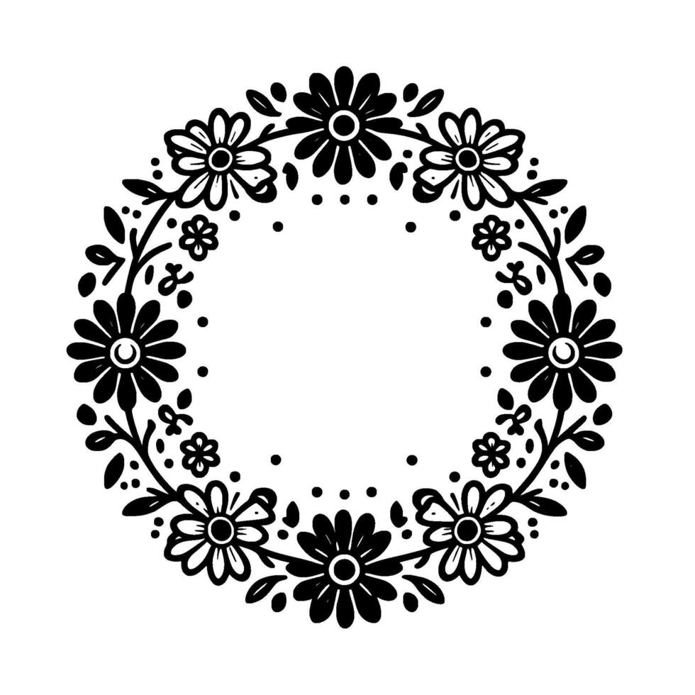 Circular floral wreath illustration in bold black and white, featuring daisylike flowers, leaves, and dots, perfect for design. vector