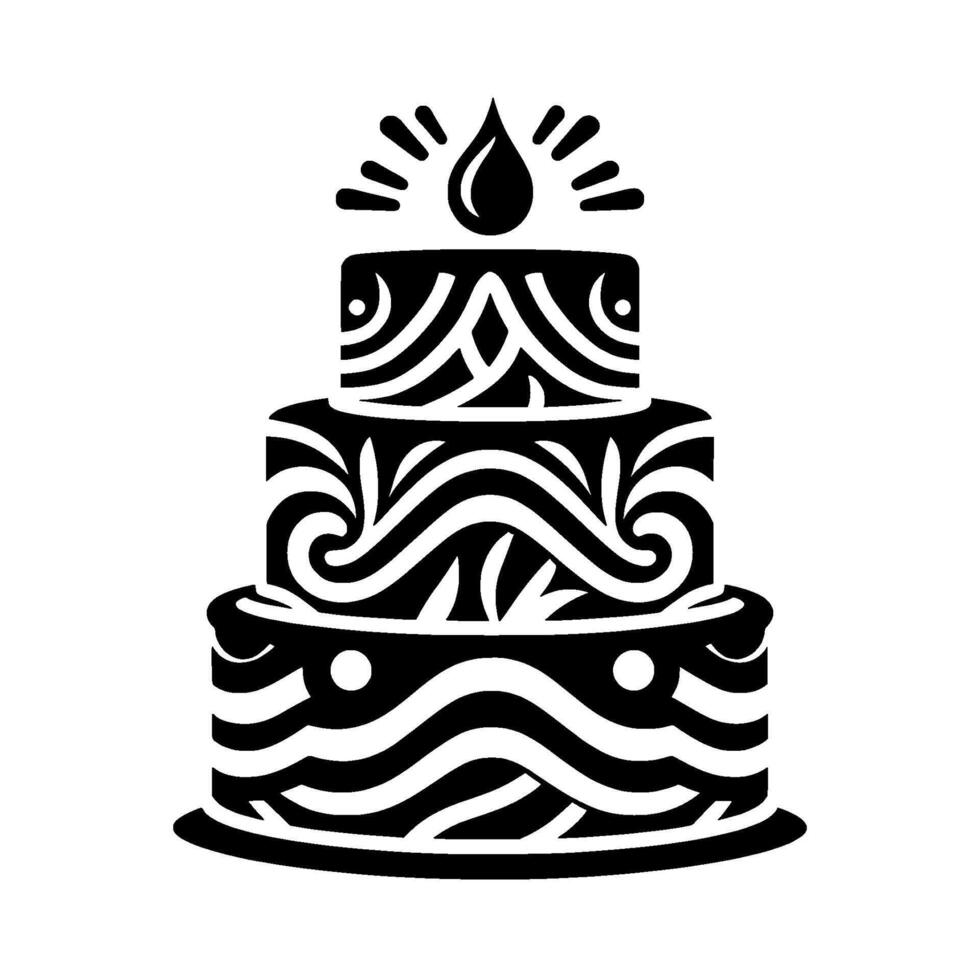 Elegant threetiered cake silhouette with ornate wave curl decoration, topped with a radiant drop vector