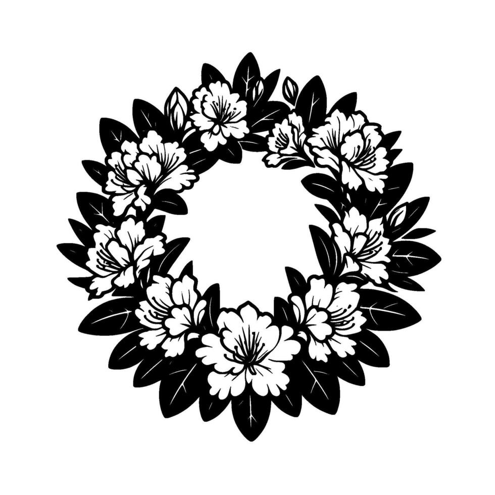 Monochromatic floral wreath featuring detailed azalea flowers and leaves arranged in a circular pattern on a white background. vector