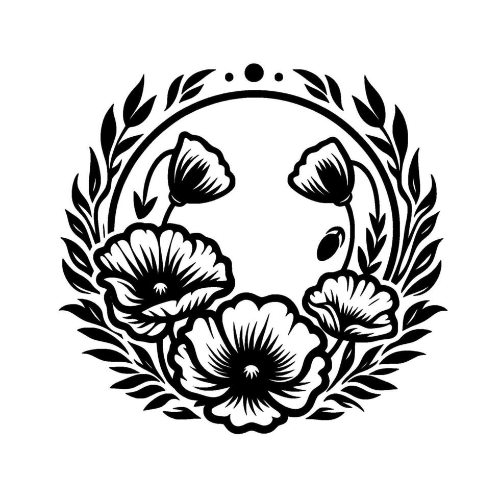 Elegant black and white floral circle featuring poppies, leaves, and a minimalist aesthetic on a white background. vector