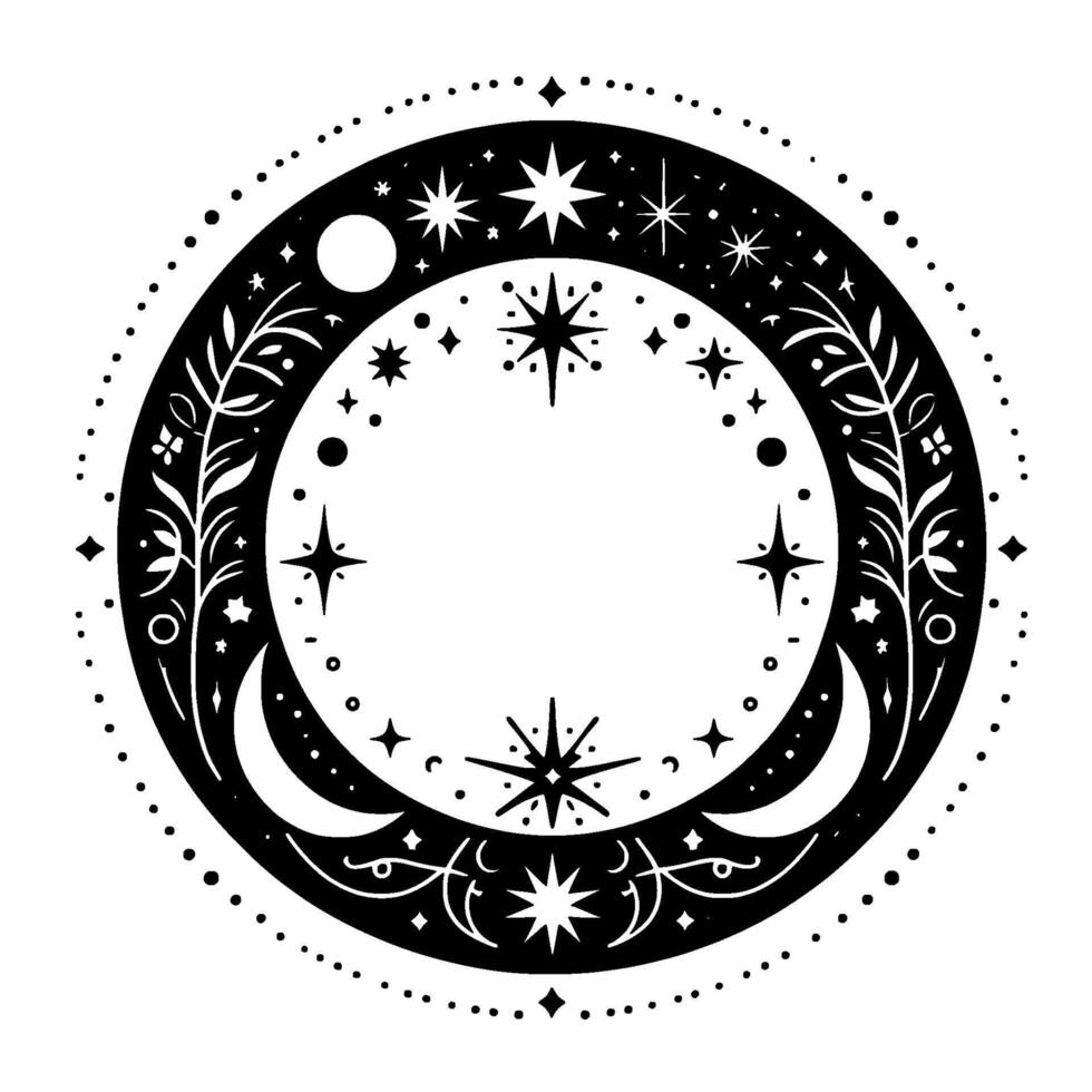 Black and white celestial mandala featuring moons, stars, floral elements, and dotted border on white background. vector