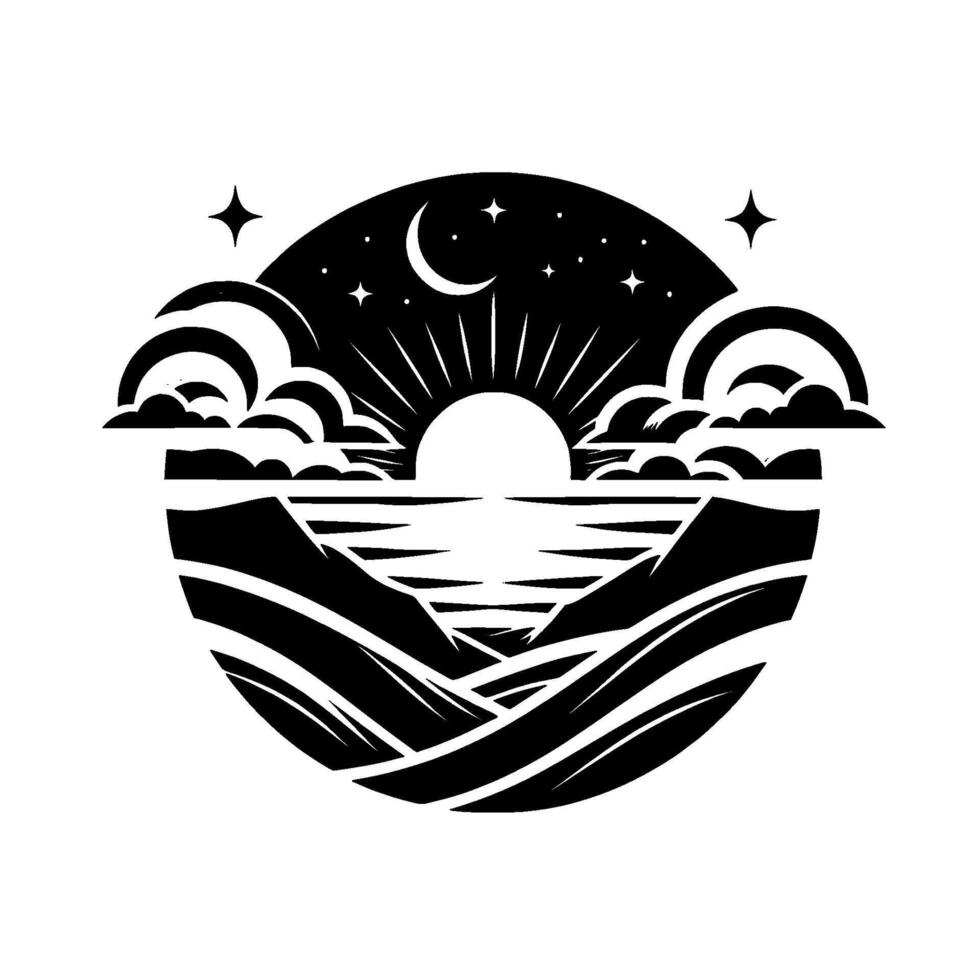 Black white coastal landscape mountains, sea, sunset, clouds, crescent moon, stars in a circular composition. vector