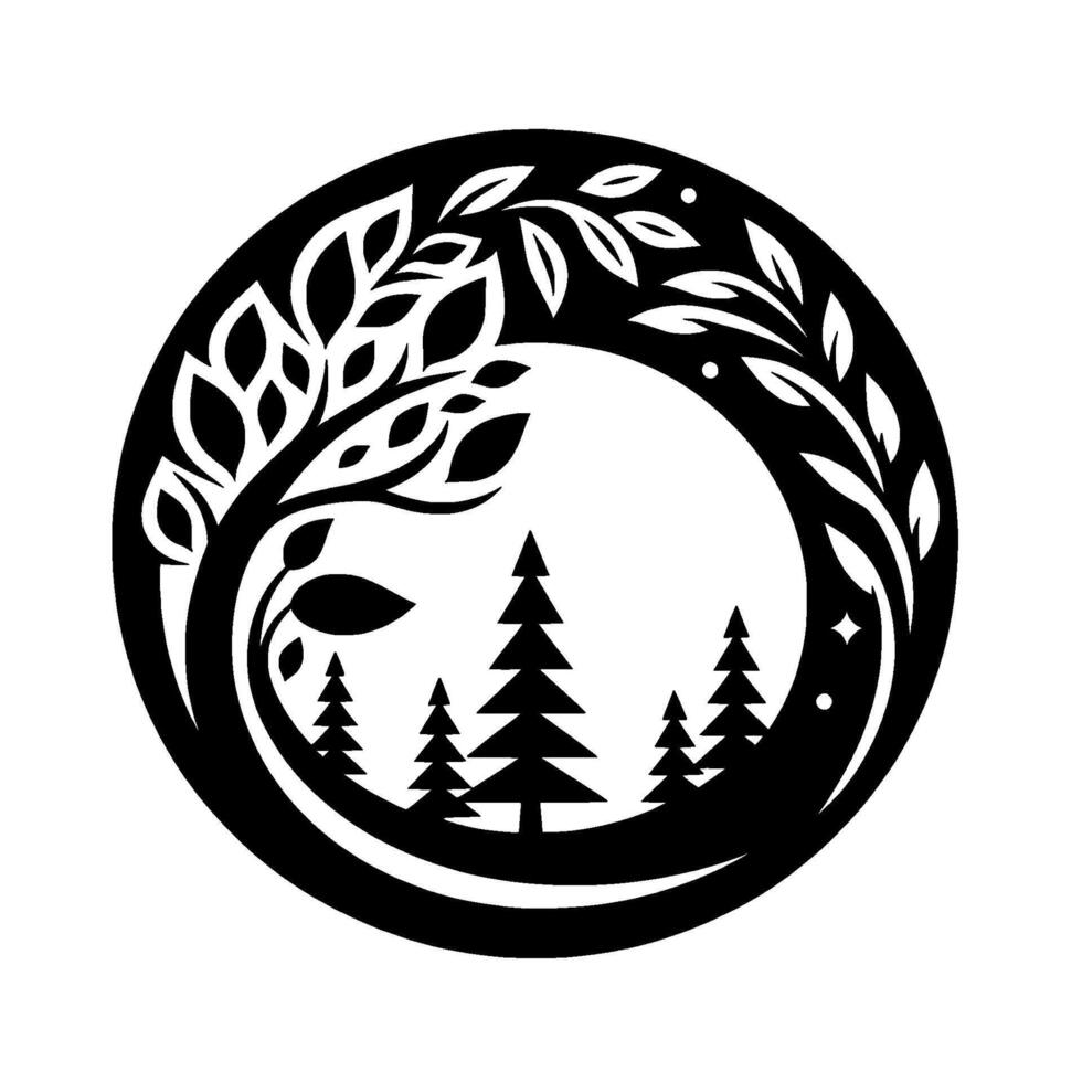 Circular black and white silhouette of a forest scene trees, leaves, and evergreens. vector