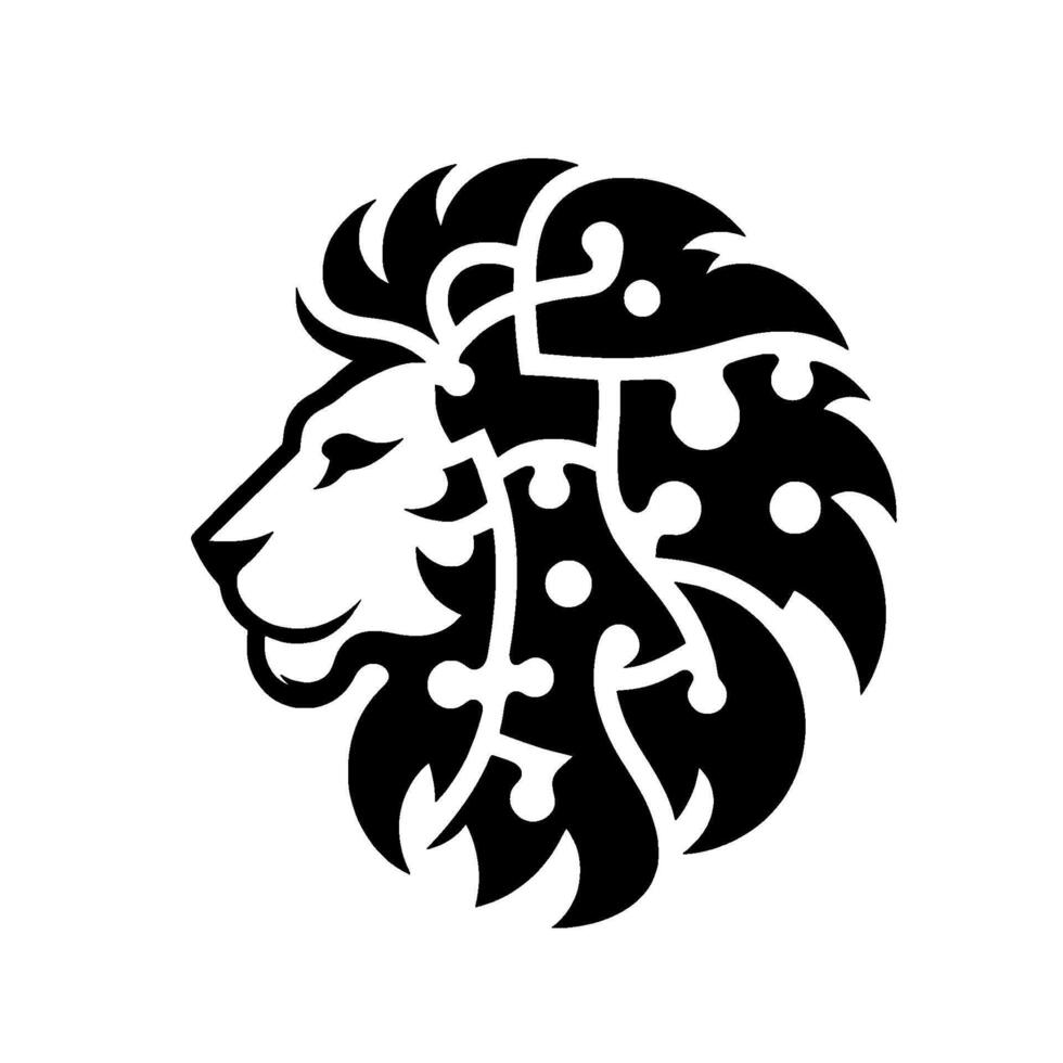 Bold tribal lion head logo black and white illustration, elegant design, side profile. vector
