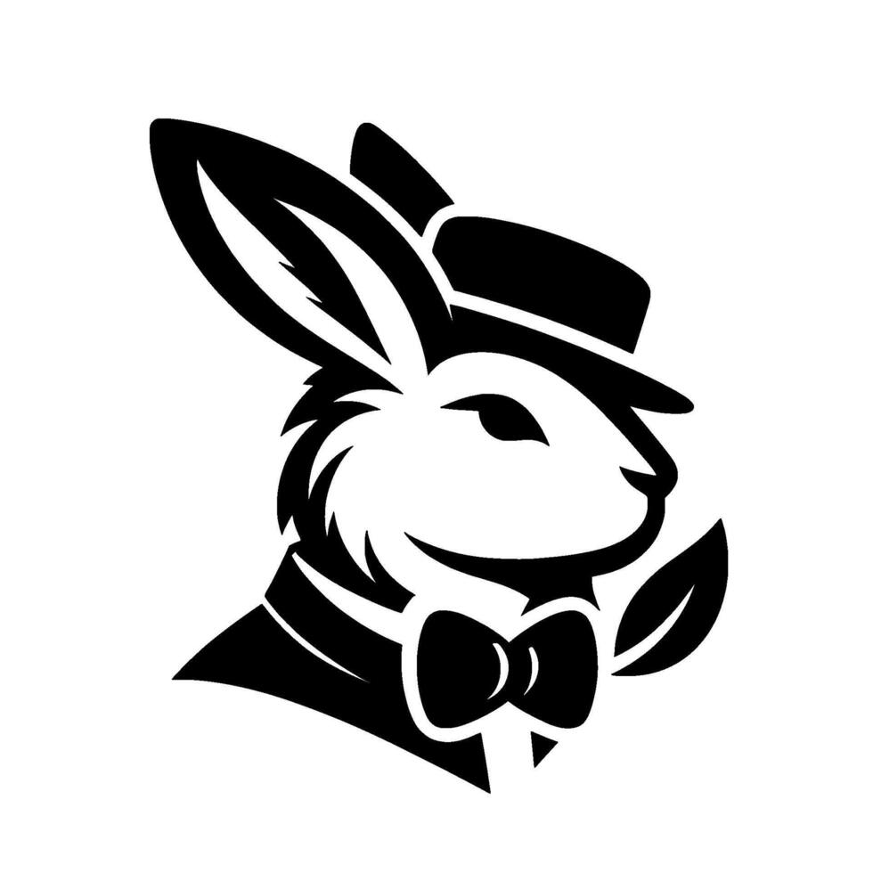 A sophisticated, stylized black and white illustration of a dapper rabbit in a top hat and bow tie, hinting at charm. vector