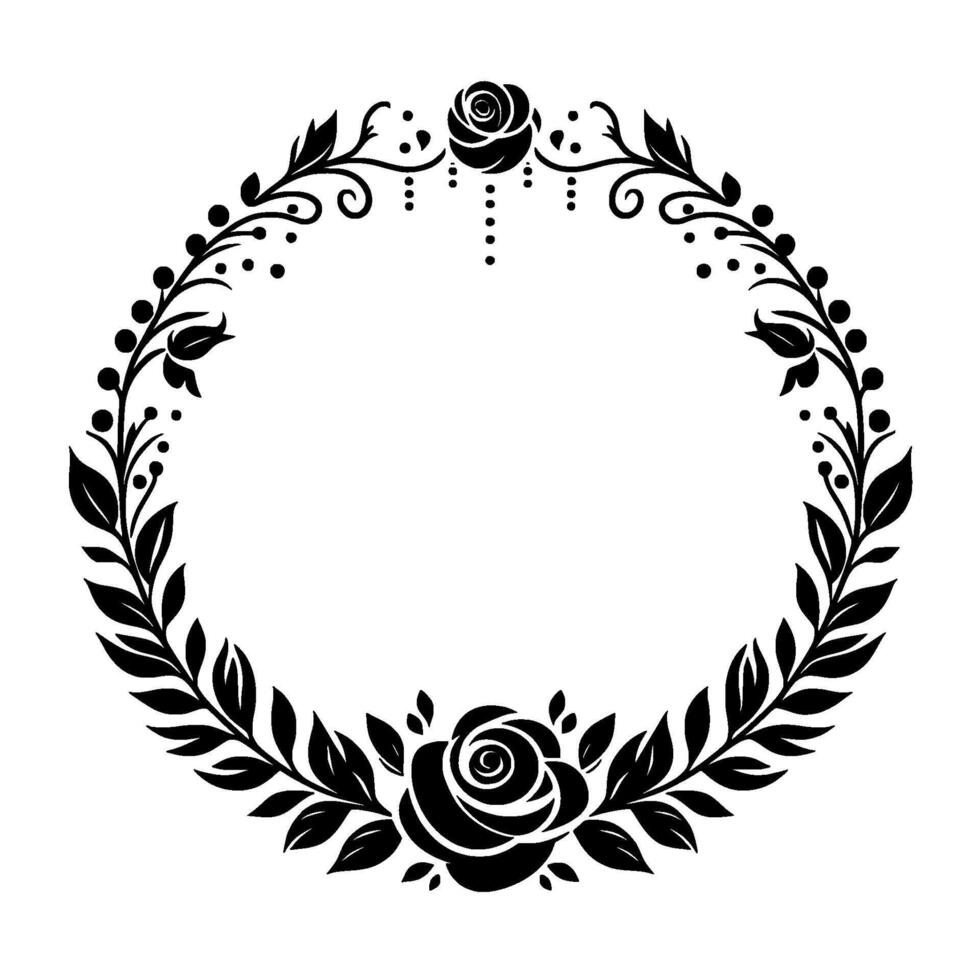 Elegant black white floral wreath illustration with roses, leaves, and berries, serving as a decorative frame or border with a classic, botanical aesthetic. vector