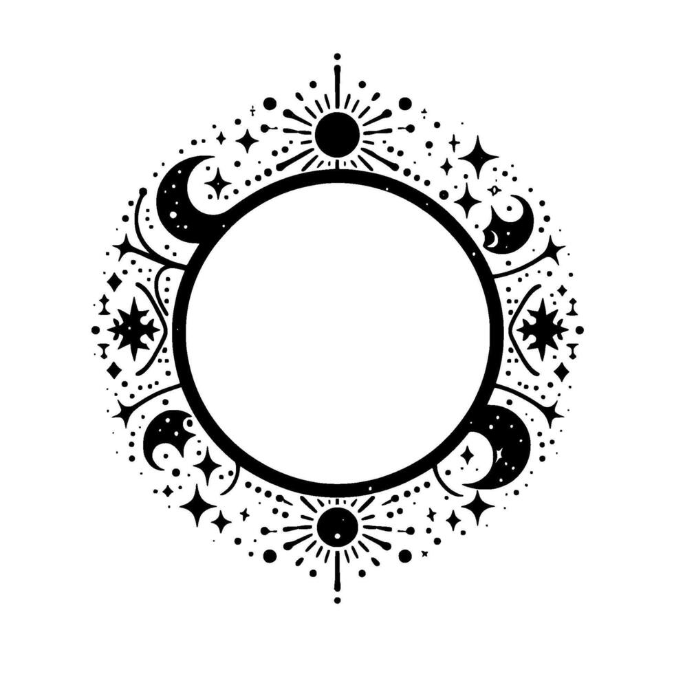 Celestial mandala frame a symmetrical black and white with stylized suns, moons, and stars encircling a central blank space for an esoteric and decorative aesthetic. vector
