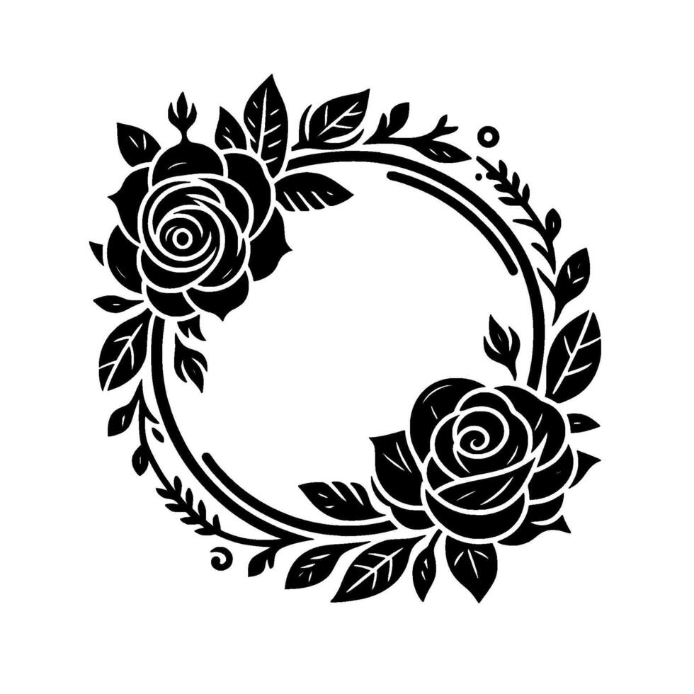Elegant black and white floral circular frame, featuring detailed rose blossoms, leaves, and botanical elements, perfect for artistic or invitation cards. vector