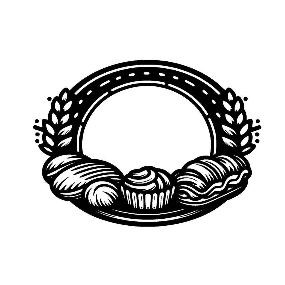 Black and white bakery featuring a circle with pastry illustrations, including a croissant, muffin, and other baked goods, with wheat sprigs. vector