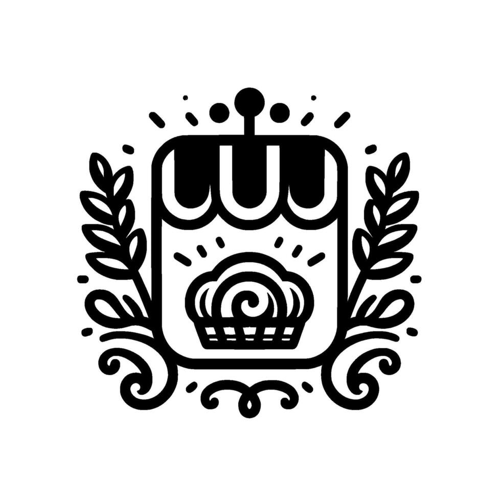 Elegant black and white bakery with pastryfilled display, laurel wreath, and decorative elements vector
