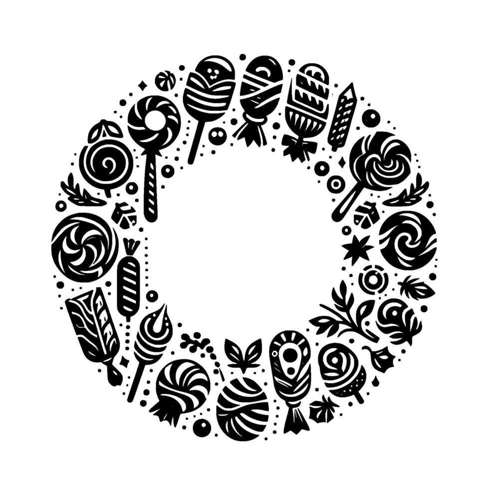A circular minimalist blackandwhite illustration of various candies, lollipops, and decorative elements, forming a wreath with a blank center. vector