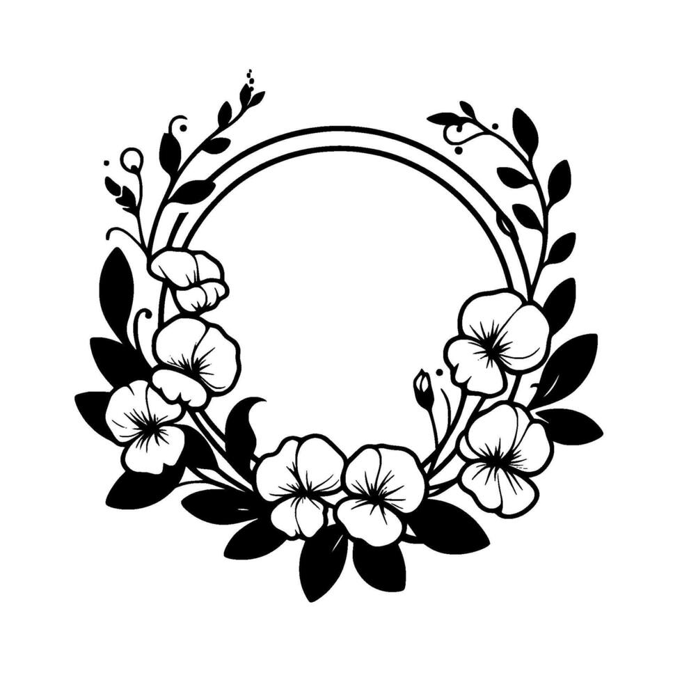 Elegant black and white floral circle frame illustration with detailed blossoms, leaves, and delicate sprigs on a plain background. vector