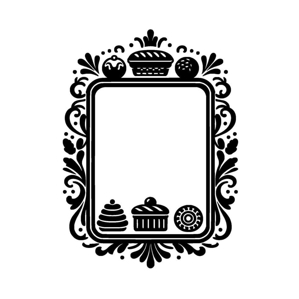 Elegant black and white bakery frame with assorted pastries and floral border for culinary or invitation designs. vector