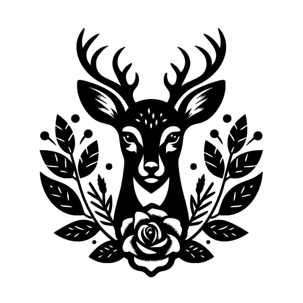 Intricate black and white illustration a majestic stag emblazoned amidst floral and foliage accents in minimalist style. vector