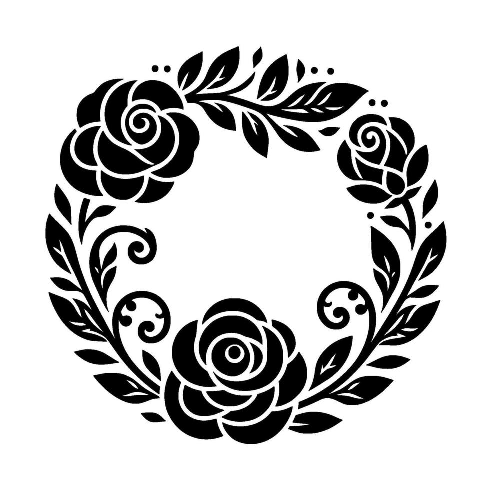 Intricate black and white circular floral featuring roses, leaves, and swirling accents arranged in a symmetrical, ornate wreath pattern. vector