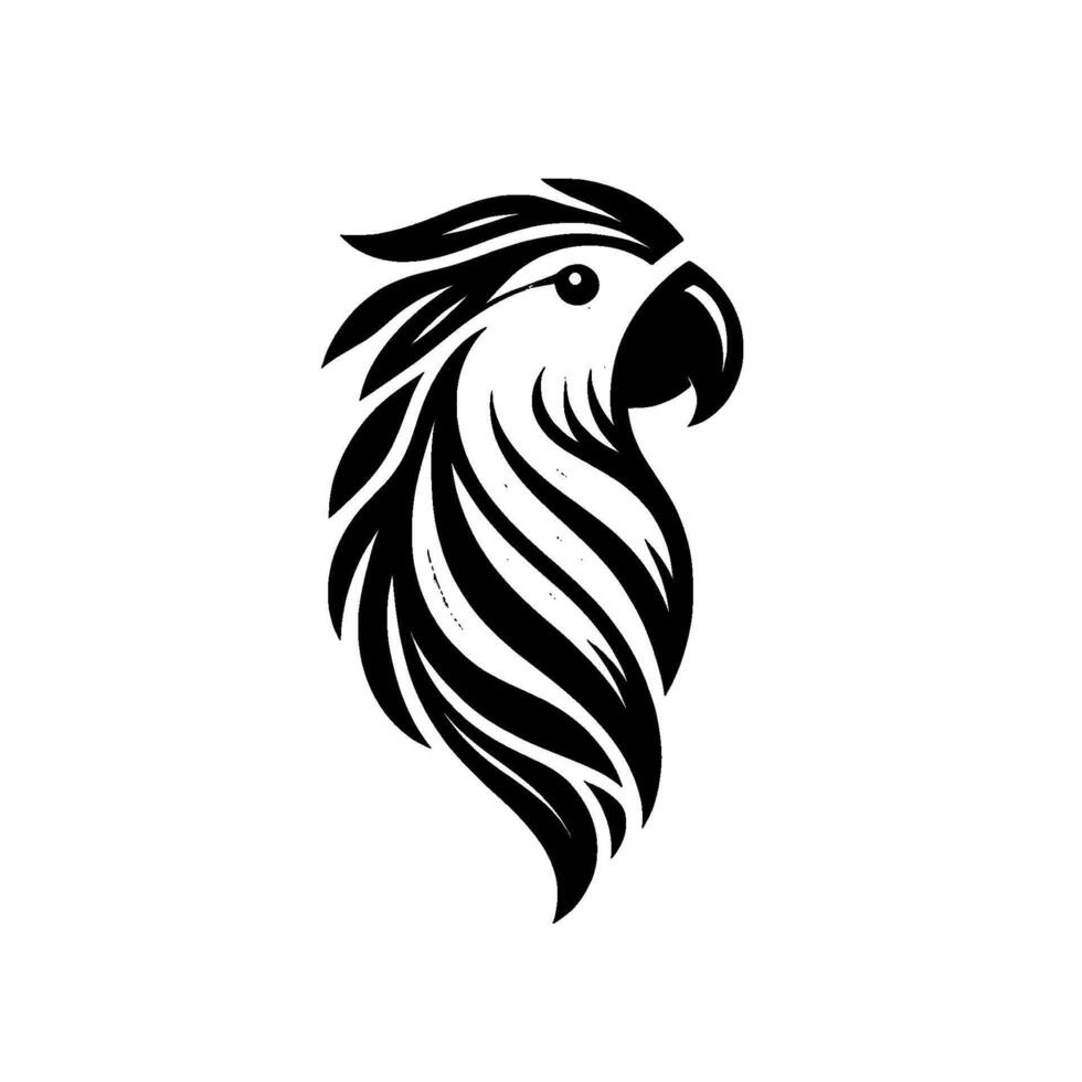 Elegant, stylized black and white parrot head illustration, featuring intricate featherlike lines, on a clean white background. vector