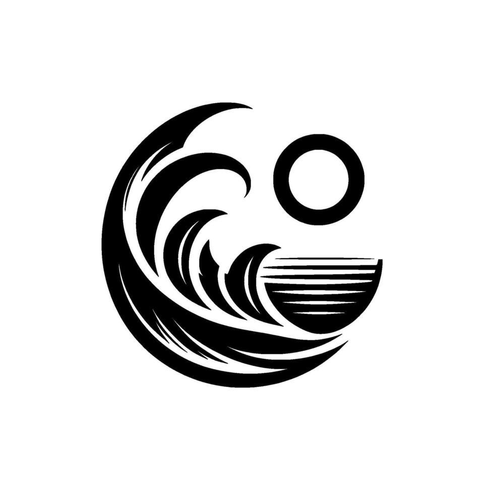Circular black and white minimalist featuring stylized ocean waves, a rising sun, and a seascape. vector