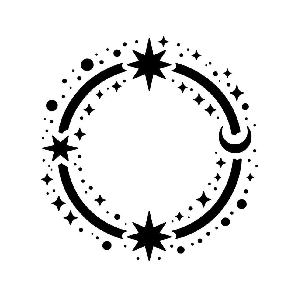 Black and white celestial circle starry frame with crescent moon, dots, and stellar motif on white background. vector