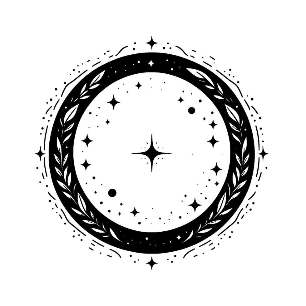 Celestial circular emblem with stars, crescent, and foliage in black and white, symbolizing spirituality and the cosmos vector
