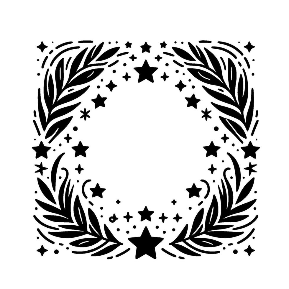 Intricate black and white square featuring a circular frame of stylized leaves, stars, and dots, offering a celestial, festive aesthetic. vector