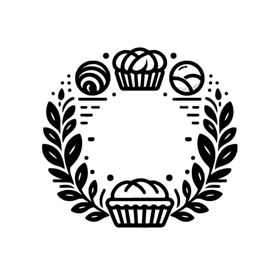 Black and white illustration of a floral wreath with pastries, symbolizing bakery, baking, or foodrelated themes. vector