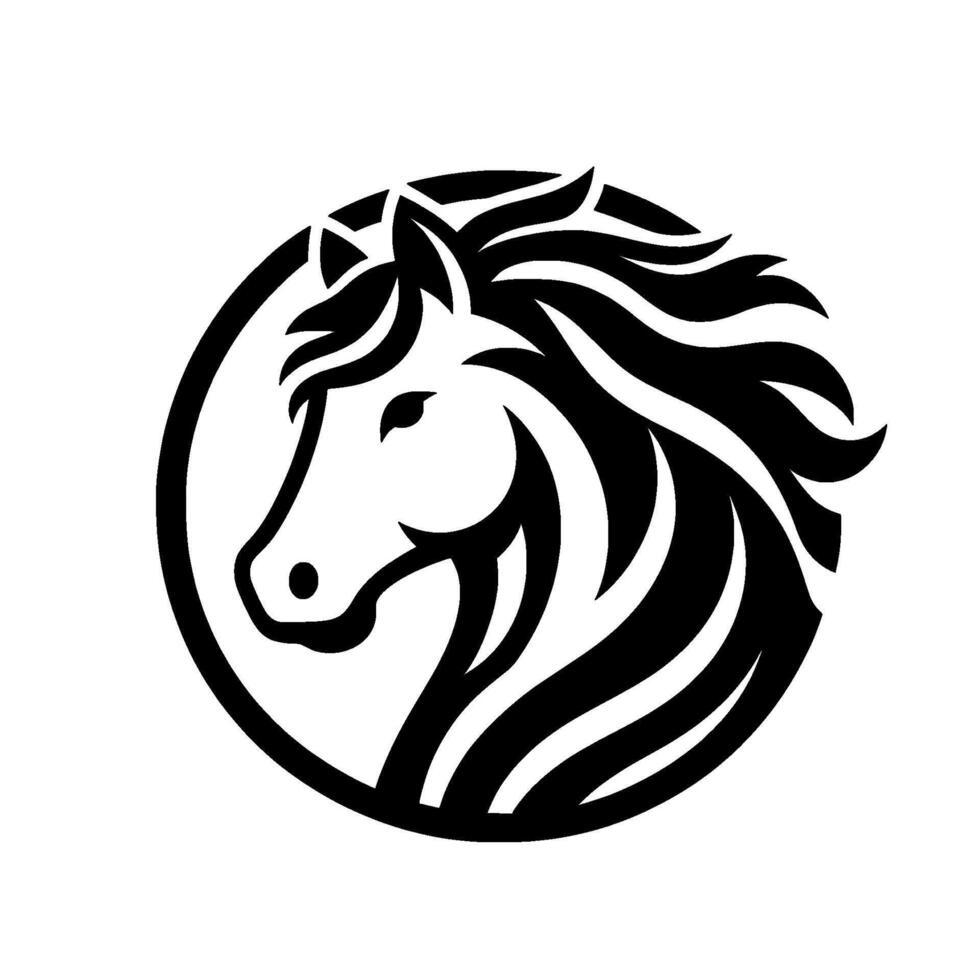 Elegant black and white horse head within a circular frame, stylized for design. vector