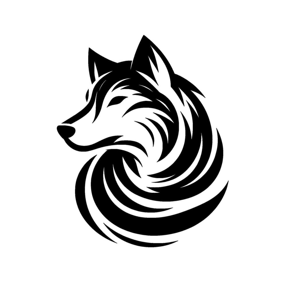Abstract black and white wolf head logo, featuring swirling and geometric lines on isolated white background. vector