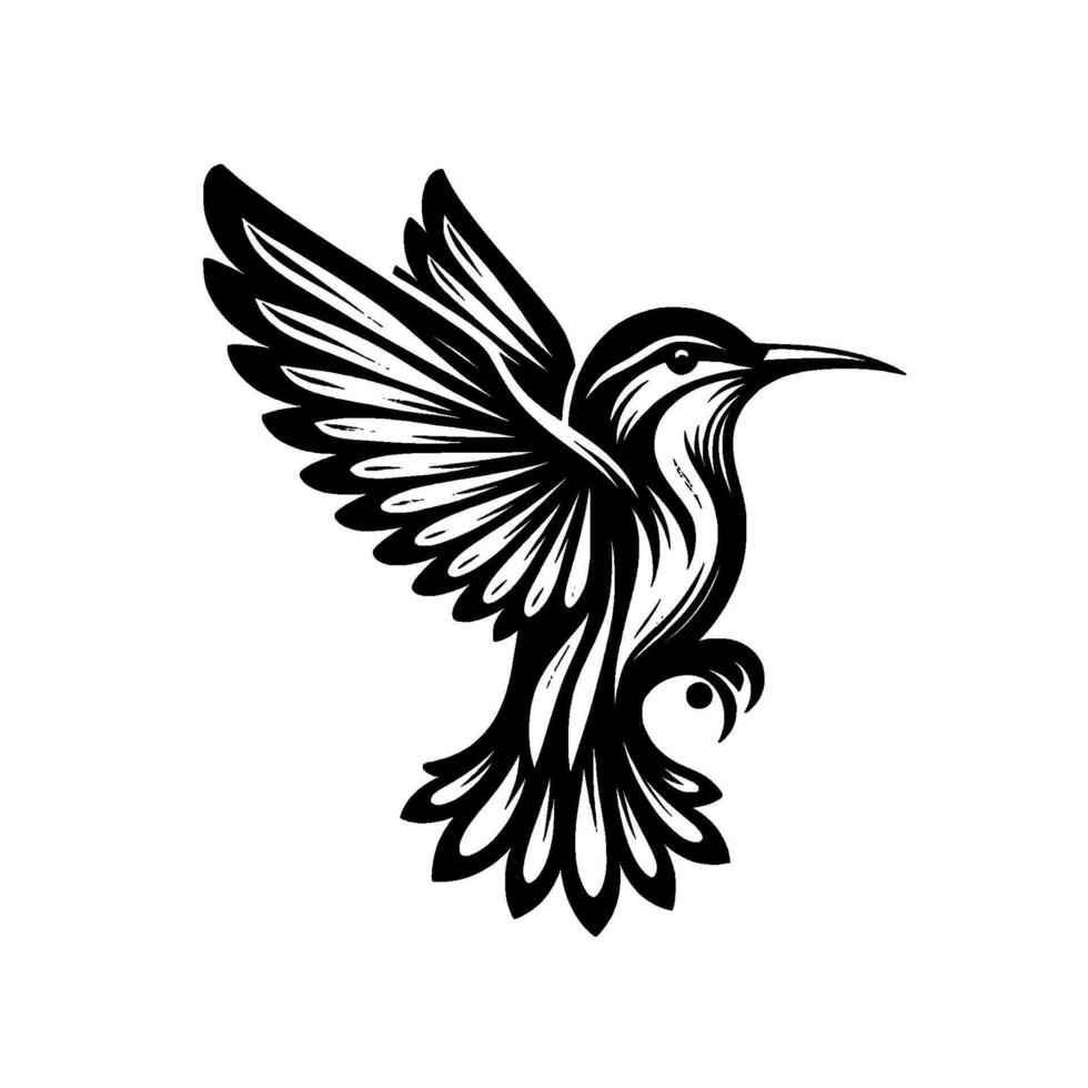 A stylized, monochrome hummingbird in flight, rendered with bold lines and intricate feather detailing against a white background. vector