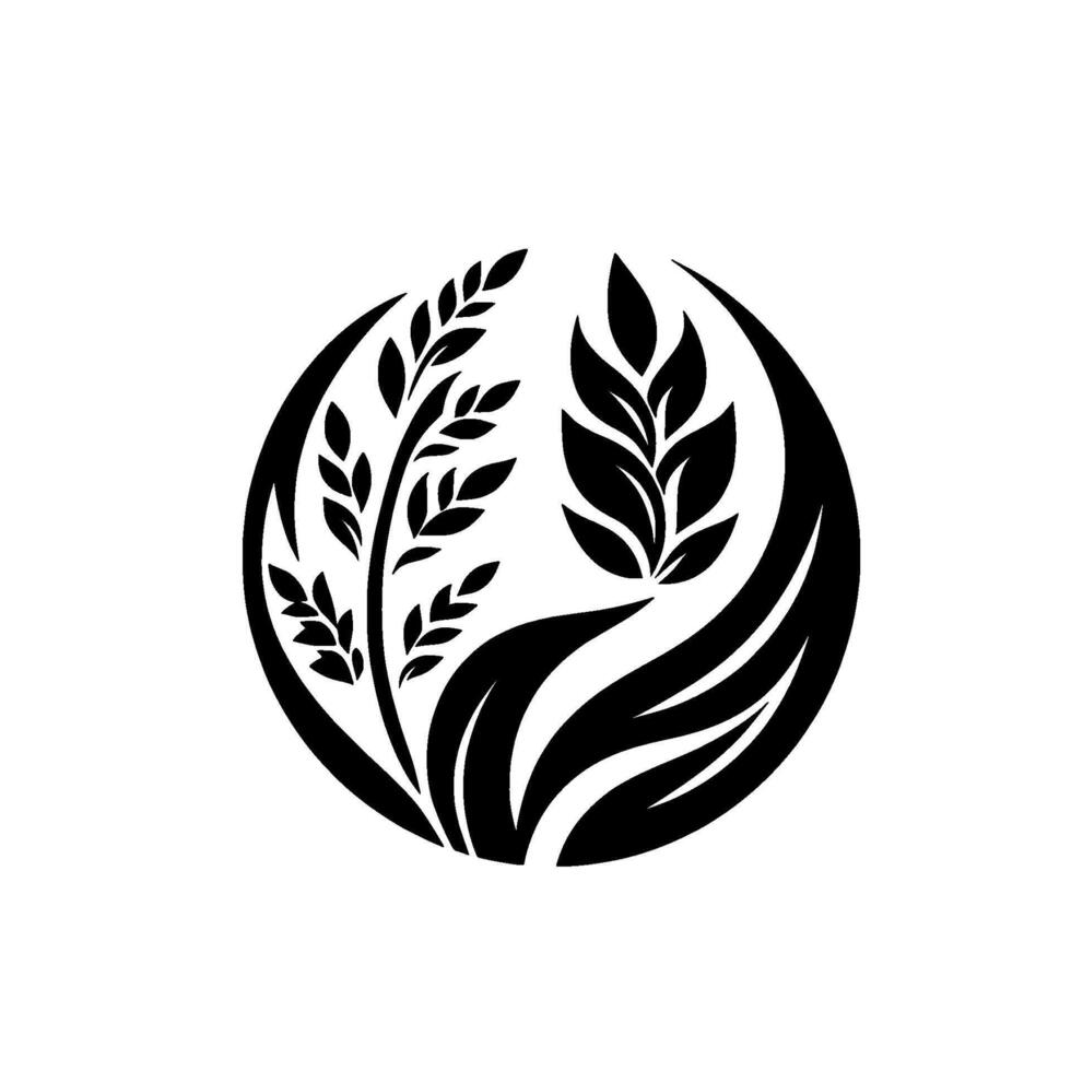 Black and white circular emblem featuring two plant sprigs, leafy elements, and a graceful, organic on a bright background. vector