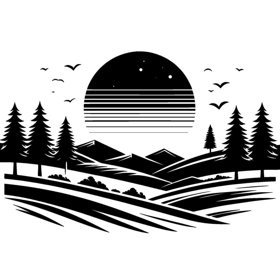 Minimalist black and white landscape silhouette of pine trees, rolling hills, mountains, a stylized sunset with stars, and flying birds. vector
