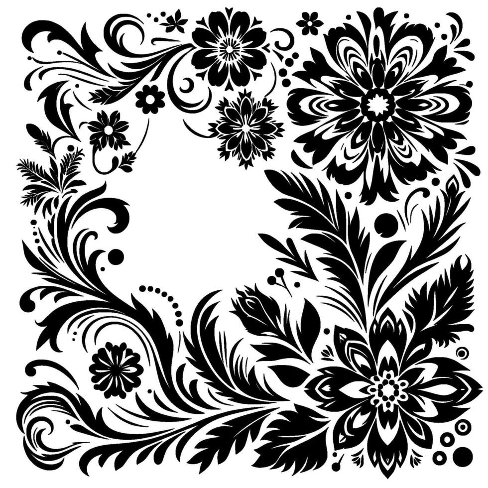 Ornate black and white floral border with flourishes, decorative elements, and symmetric design. vector