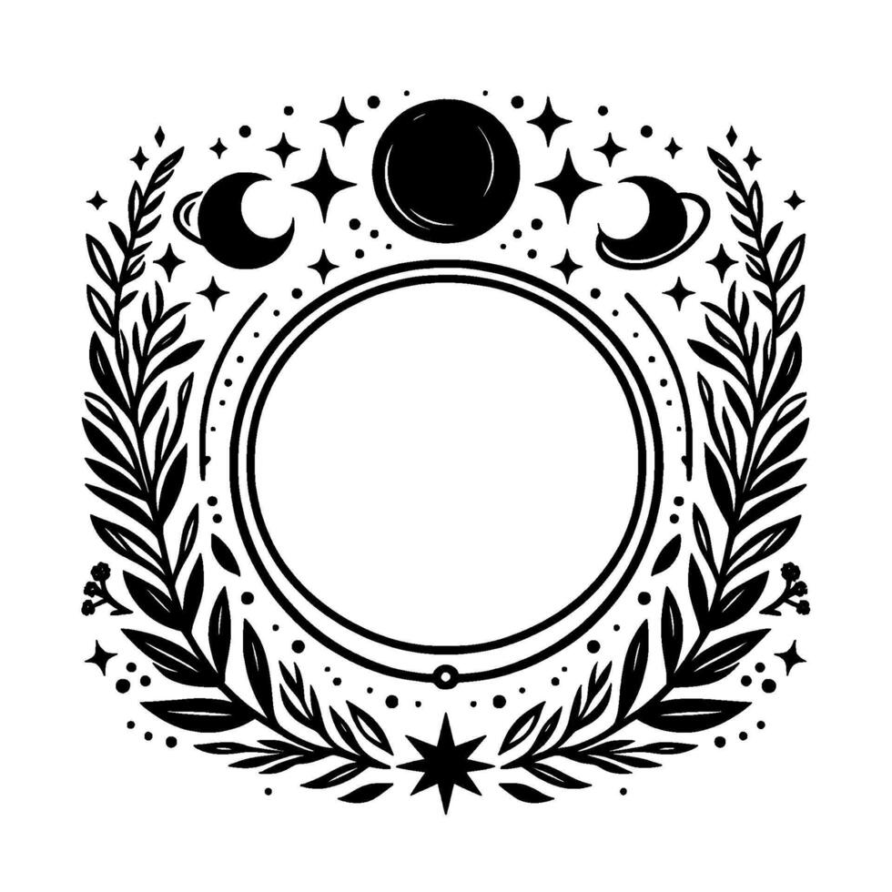 Ornate celestial wreath black and white illustration featuring moon phases, stars, leafy foliage, and a circular frame for text. vector