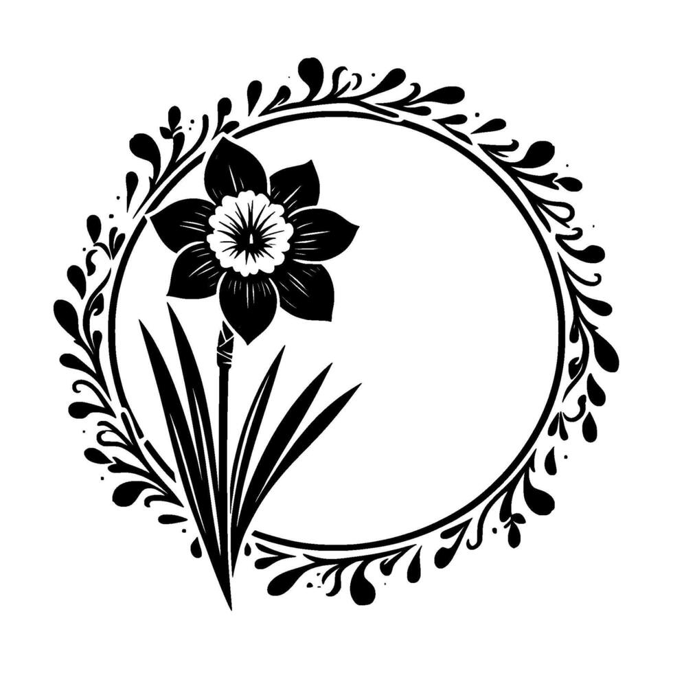 Black and white daffodil illustration encircled by a delicate floral wreath design, with stylized leaves and a circular frame. vector